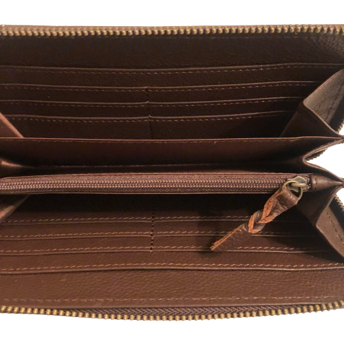 Leather front cow print zip around clutch purse